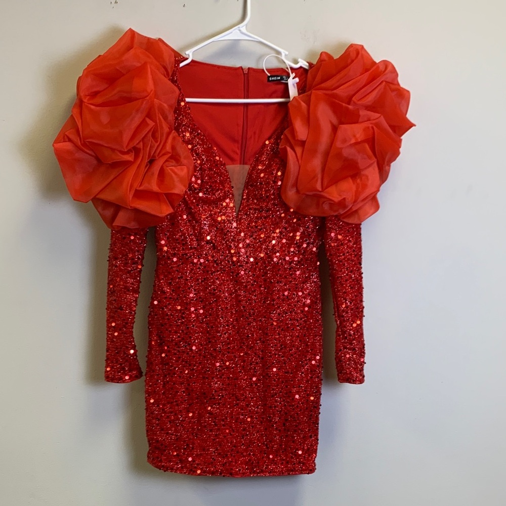 SHEIN Red Sequin Mini Dress with Statement Puff Shoulders